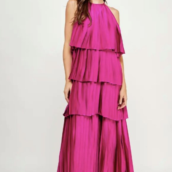 NWT | Strut & Bolt | Pleated Satin Tiered Maxi Dress - Picture 4 of 5
